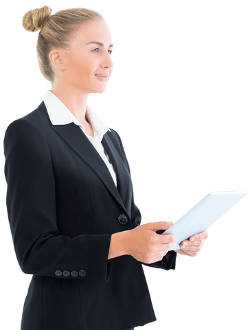 Transparent Businesswoman Holding Tablet Smiling Confidently