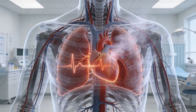 Transparent torso displaying glowing heart and lungs with ecg overlay in medical exam room
