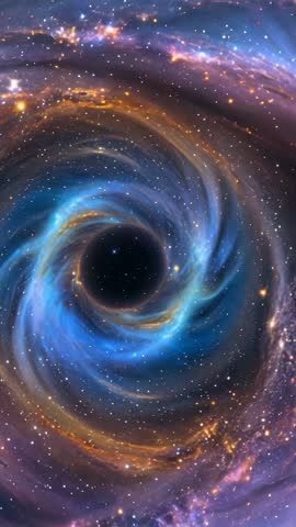 Vertical video zooming into glowing cosmic vortex and swirling nebula around black hole