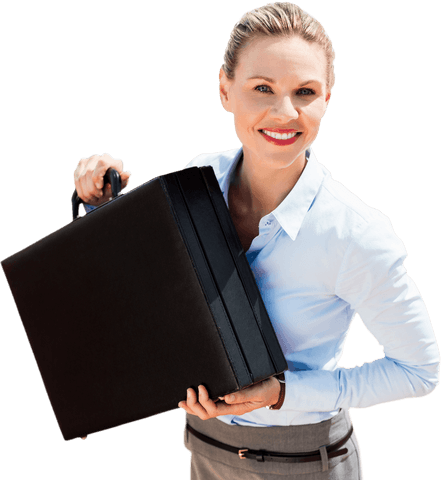 Happy Businesswoman Holding Briefcase on Transparent Background