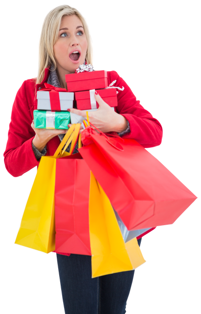 Excited Woman Holding Many Gifts and Shopping Bags on Transparent Background - Download Free Stock Videos Pikwizard.com