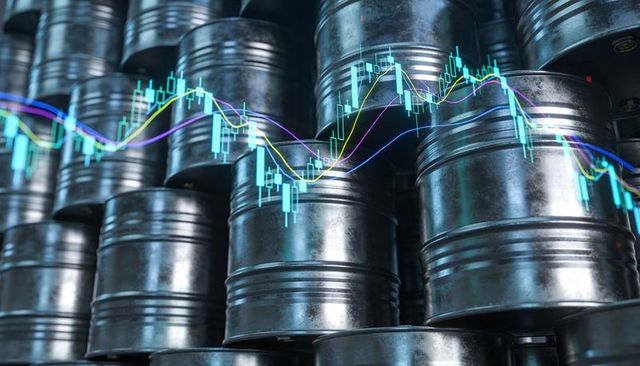 Stacked Steel Oil Barrels with Candlestick Chart Overlay Showing Oil Price Volatility