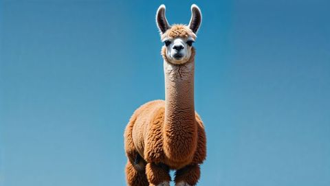 Majestic brown llama stands firmly against a clear blue sky