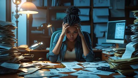 Stressed businesswoman facing paperwork piles in office at night amid financial struggles
