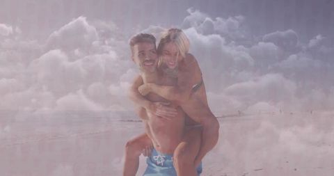 Dreamy Couple Piggyback on Sunlit Beach with Cloud Double Exposure, Summer Romance