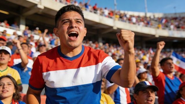 Passionate fan cheering with clenched fist in red-white-blue shirt at packed stadium