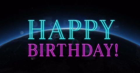 Stylish Neon Happy Birthday Text on Digital Globe