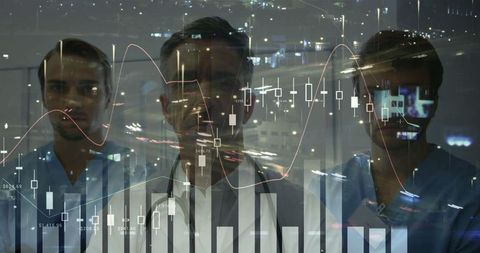Healthcare Professionals Analyzing Digital Financial Data Overlay