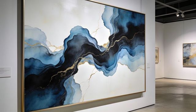 Large framed blue teal abstract painting with gold veins in contemporary gallery interior