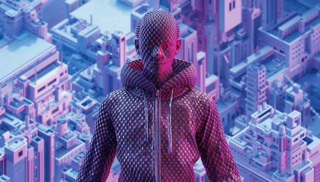Standing neon mosaic cyber avatar over futuristic cubic cityscape, glowing magenta