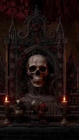 Flickering Candlelight Casting Shadows Across Skull on Ornate Gothic Altar — Vertical Ritual Footage