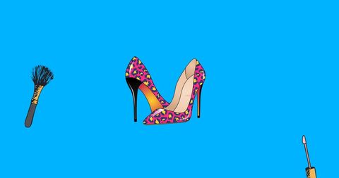 Colorful high heels with beauty accessories on blue background