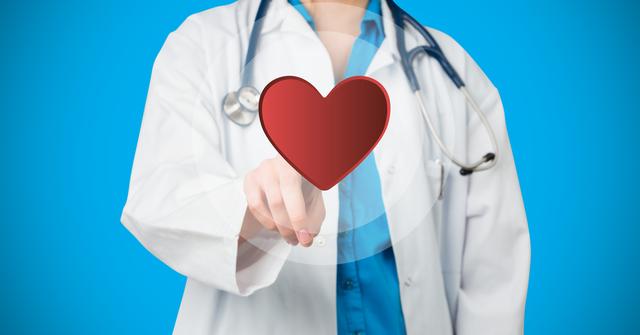 Doctor in white coat and stethoscope touching virtual heart icon on blue background. Ideal for healthcare, medical technology, cardiology, and health innovation concepts. Can be used in medical websites, health blogs, and promotional materials for healthcare services.