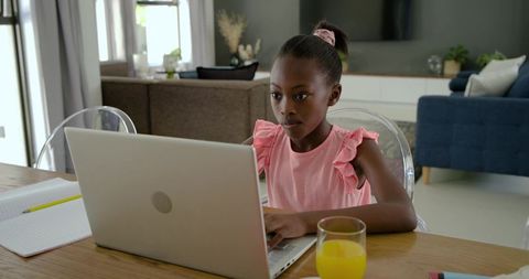 Focused african american girl studying on laptop at dining table with notebook and juice