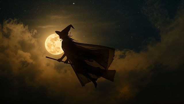 Silhouette of Witch with Broomstick Against Full Moon