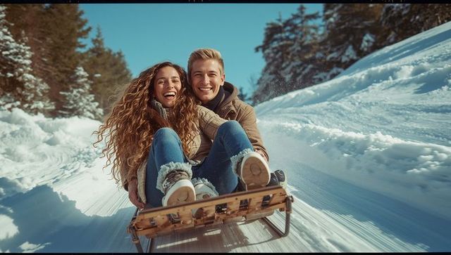 Joyful couple sledding down snowy mountain trail