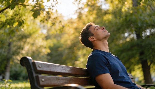 Young man leaning back relaxing on park bench during golden hour sunlight