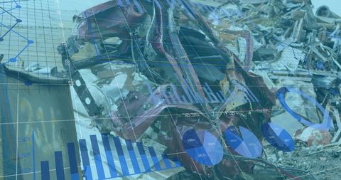 Digital Financial Data Overlaid on Junkyard Scene Illustrates Recycling Economy
