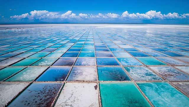Stretching patterned turquoise salt evaporation ponds reflecting sky across vast salt flats