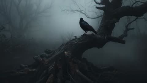 Mysterious Crow on Gnarled Tree in Foggy Forest Clearing