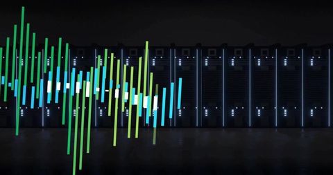 Neon waveform overlaying server rack aisle reflecting futuristic data visualization