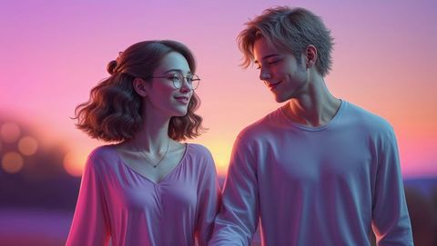 Romantic cute couple holding hands at sunset with glasses and necklace