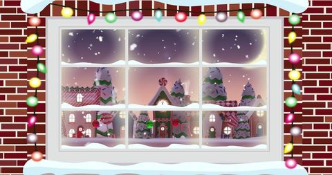 Snowy Village View Through Decorated Window with Festive Lights