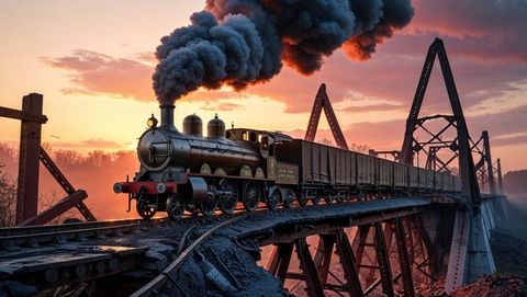 Vintage first world war era steam locomotive crossing truss bridge at sunset