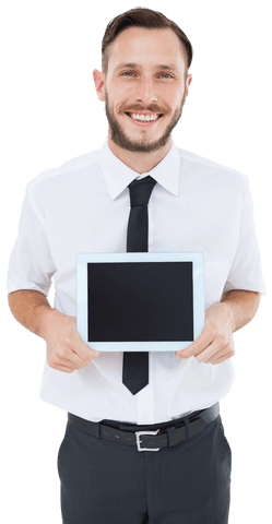 smiling businessman displaying tablet on transparent background - Download Free Stock Videos Pikwizard.com