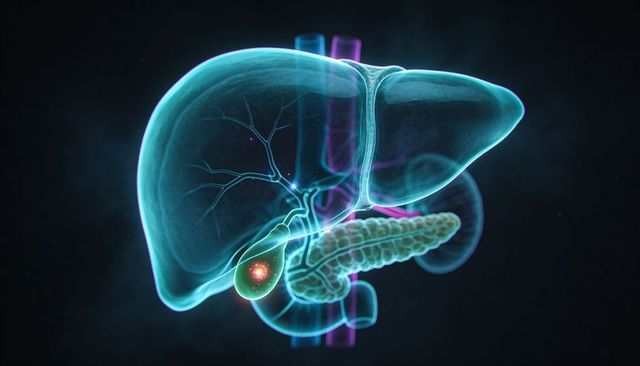 Neon Translucent Hepatobiliary 3D Rendering Highlighting Gallbladder Lesion and Pancreas