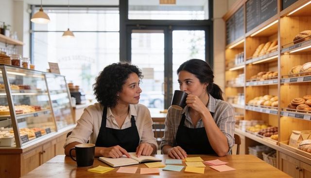 Bakery staff reviewing orders and planning menu over coffee in cozy artisan bakery