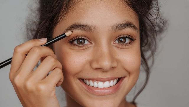 Smiling teen girl applying eyebrow pencil close-up beauty portrait natural skin bright smile
