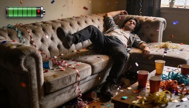 Afterparty slump recharging tired man slumping on tufted sofa with battery icon