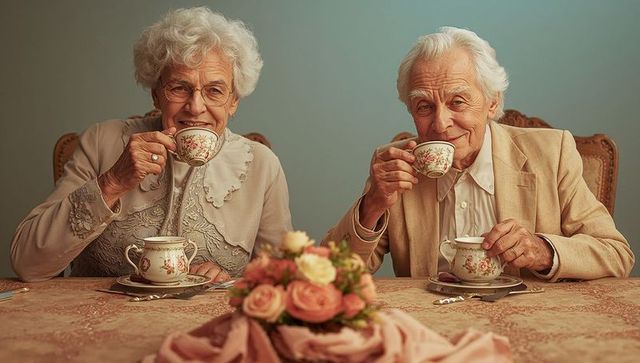 Elegant senior couple enjoying tea with floral china
