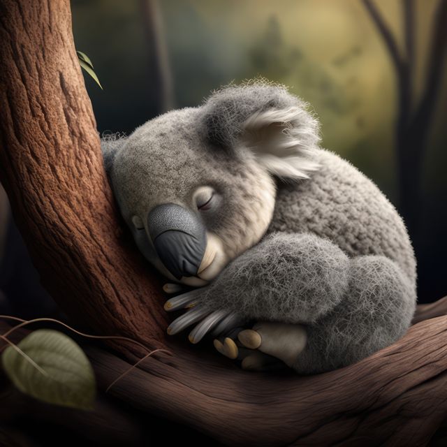 This image of a sleeping koala hugging a tree trunk in a natural forest environment evokes a sense of peace and tranquility. It is suitable for use in websites, blogs, and articles related to wildlife conservation, Australian wildlife, cute animals, nature-themed content, and relaxation. It can also be used in educational materials for teaching younger audiences about animals and their habitats.