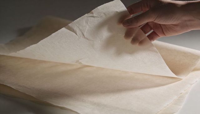Hand lifting parchment paper sheet revealing crinkled translucent baking paper texture