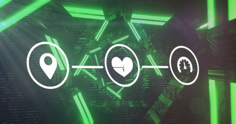 Geometric green neon tunnel with digital icons