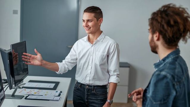 Young professional presenting data on dual monitors in modern office workspace