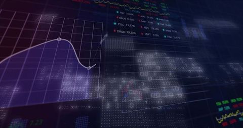 Holographic stock market dashboard displaying neon line charts, binary matrix and tickers