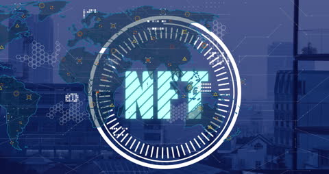 NFT Technology Overlay on Global Map with Cityscape Background