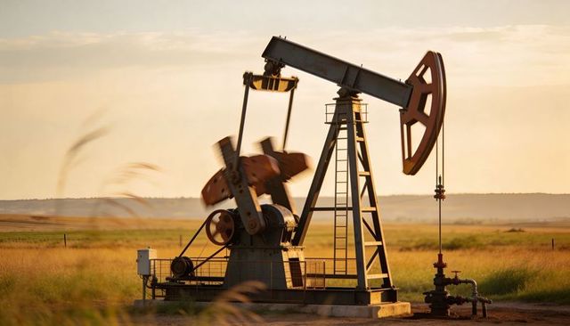 Pumpjack rocking at golden hour in grassland with rusted horsehead and gearbox