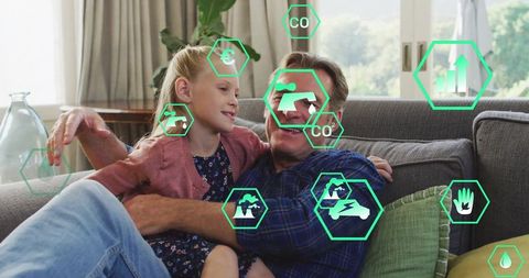 Grandfather and granddaughter bonding with eco icons overlay