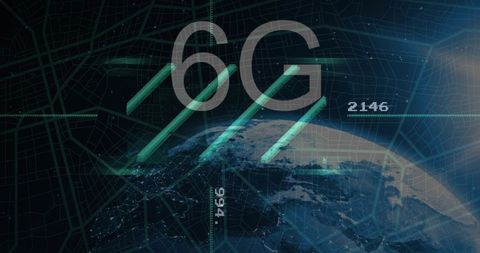 6G Network Visualization Over Earth Showing Teal Data Beams and Futuristic Grid