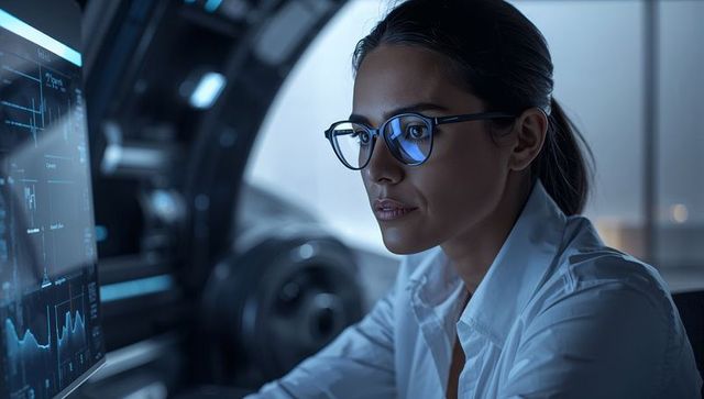 Woman scientist analyzing transparent monitor data in high-tech laboratory ai display