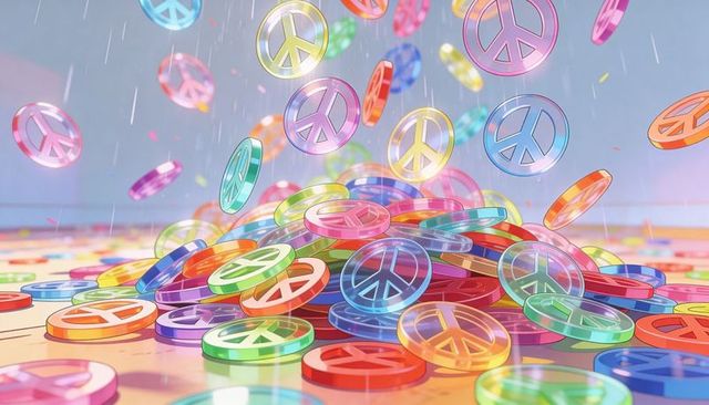 Falling translucent peace tokens forming vivid pile on glossy tabletop with light flares