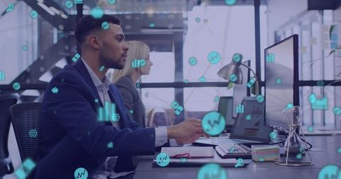 Business Professionals with Digital Data Network Icons Overlay