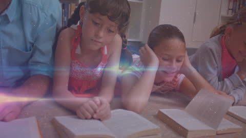 Children Learning in Classroom with Futuristic Light Trails Overlay