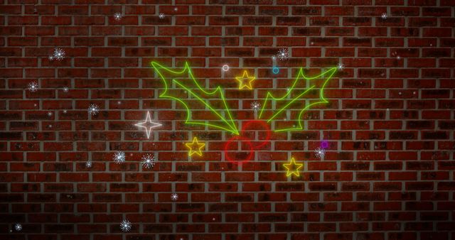 Neon Holiday Holly with Stars on Brick Wall - Download Free Stock Images Pikwizard.com