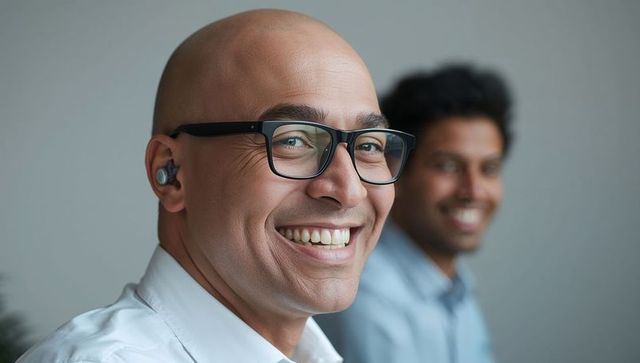 Smiling Businessmen Collaborating with Modern Technology in Office