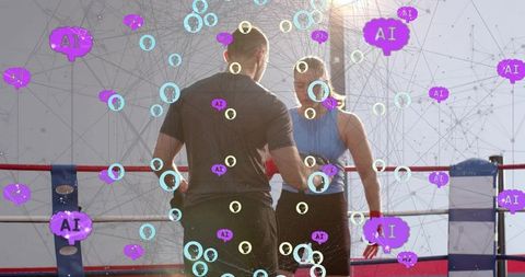 Coach training female boxer in ring with ai data overlay, backlit gym coaching session